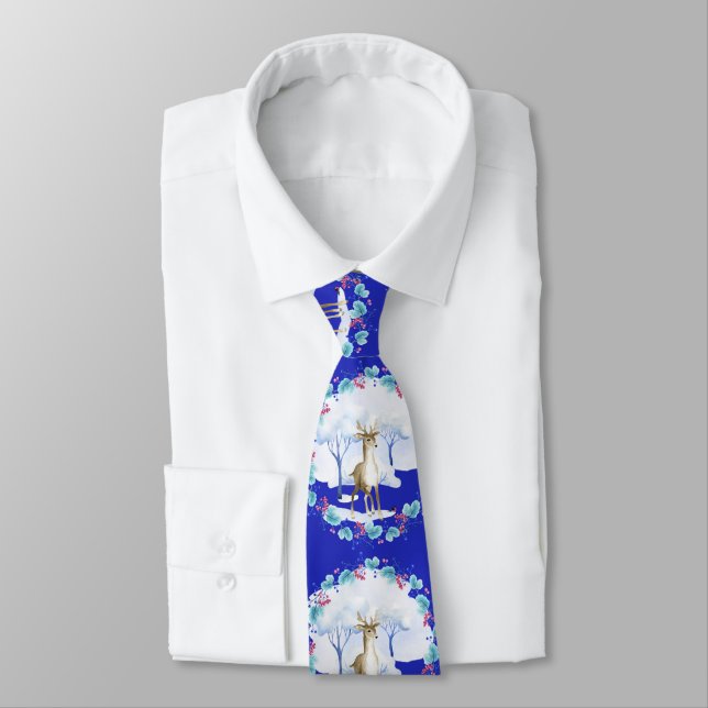 Necktie mit einem Hirsch in Blau und Weiß Krawatte (Gebunden)