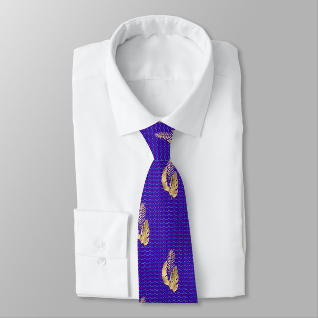 Necktie Royal Blue mit Blätter & Lavender Krawatte (Gebunden)