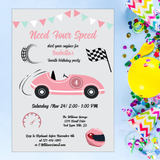 Need Four Speed Festival Pink Race Car Geburtstag Einladung