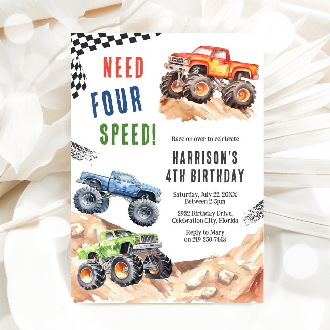 Need Four Speed Monster Truck Boy 4th Birthday Einladung (Von Creator hochgeladen)