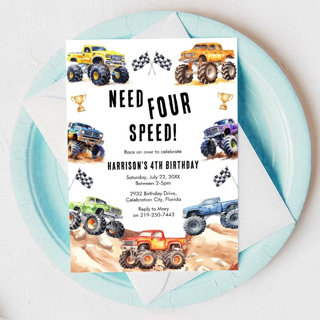 Need Four Speed Monster Truck Boy 4th Birthday  Einladung (Von Creator hochgeladen)