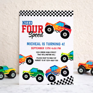 Need Four Speed Monster Truck Race 4. Geburtstag Einladung