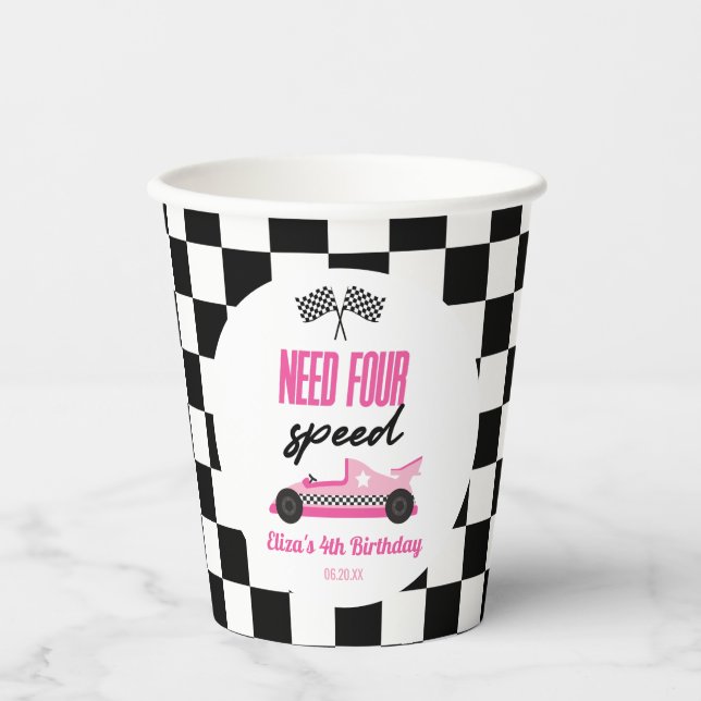 Need Four Speed Pink Race Car 4th Birthday Party Pappbecher (Vorderseite)