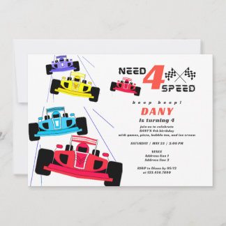 Need Four Speed Racer Boy Car Race 4. Geburtstag Einladung