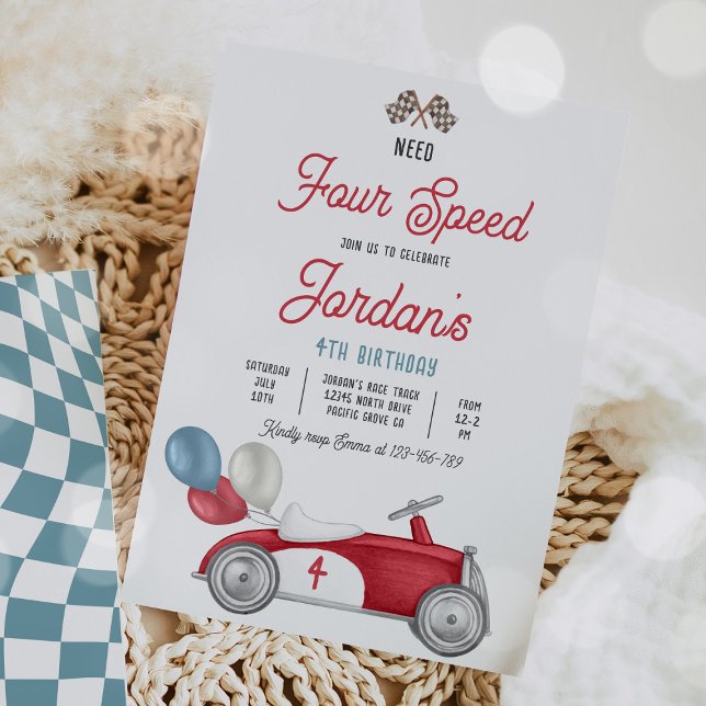 Need Four Speed Red Race Car 4th Birthday Party Einladung (Von Creator hochgeladen)