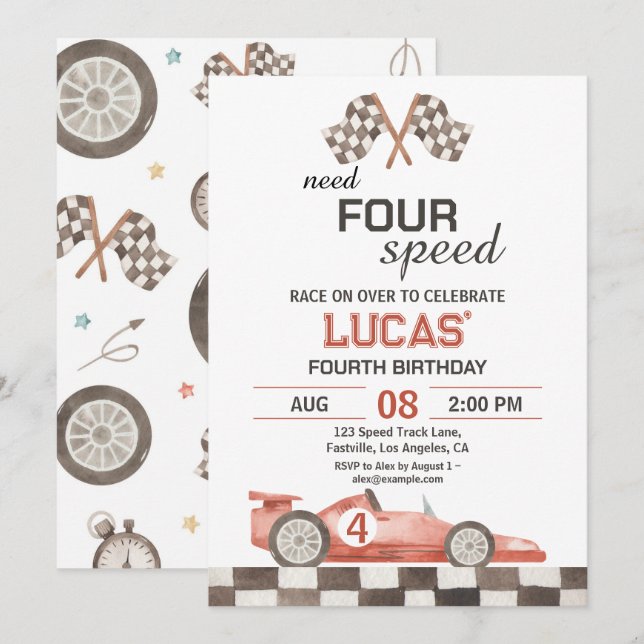 Need Four Speed Red Race Car 4th Birthday Party Einladung (Vorne/Hinten)