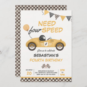 Need Four Speed Yellow Race Car 4. Geburtstag Part Einladung