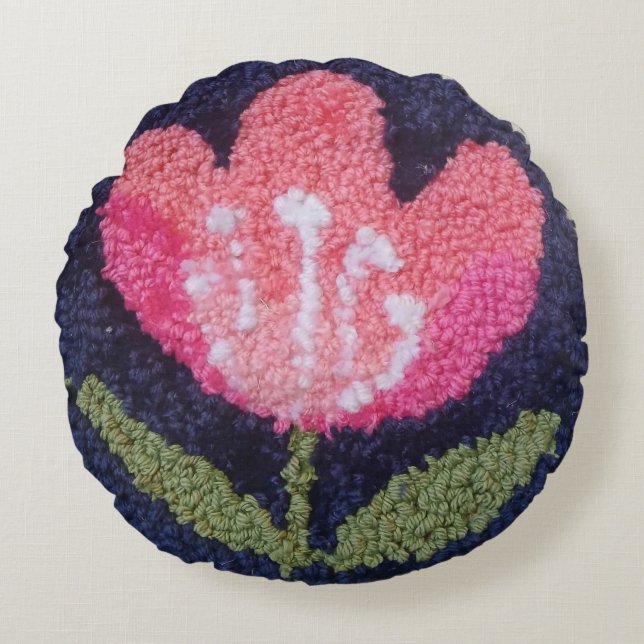 needle punch pink flower design pillow rundes kissen (Vorderseite)
