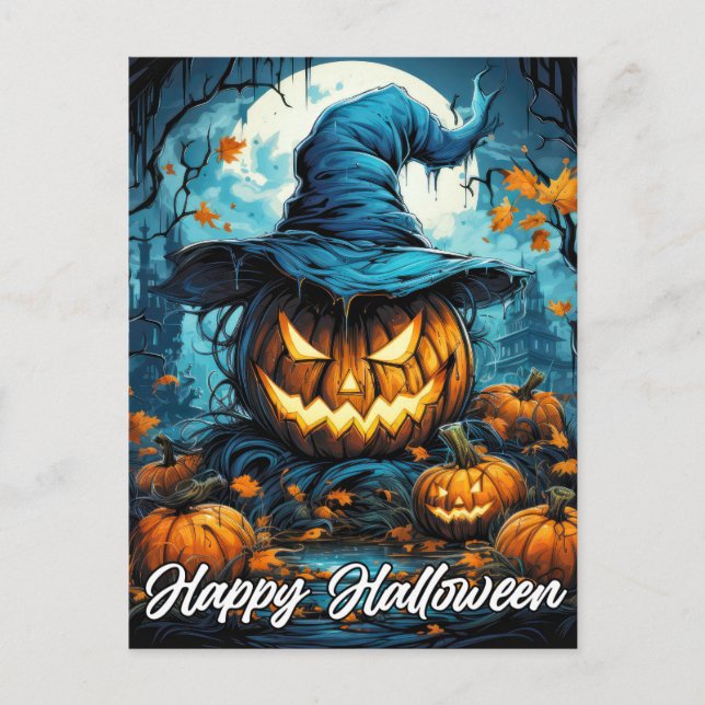 Nefarious Happy Halloween Pumpkin Illustration Postkarte (Vorderseite)