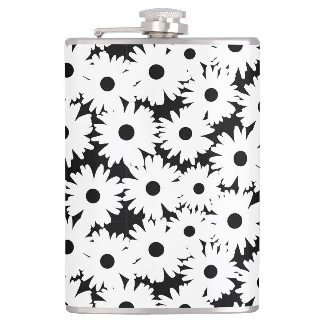 Negative Space Daisies weiß auf schwarz Flachmann (Vorderseite)