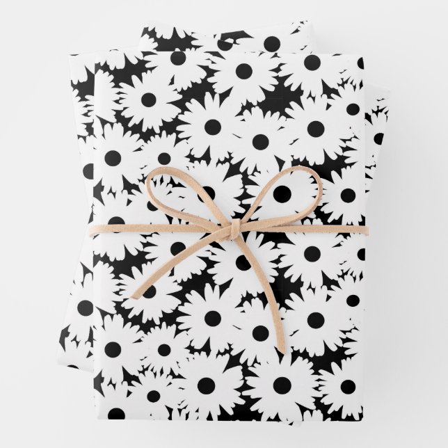 Negative Space Daisies weiß auf schwarz Geschenkpapier Set (Beispiel)