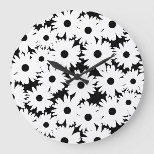 Negative Space Daisies weiß auf schwarz Große Wanduhr