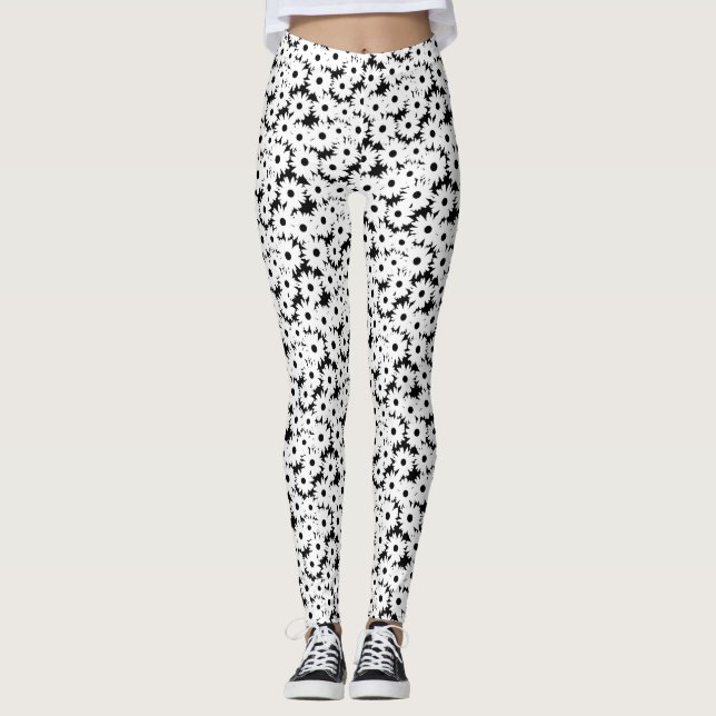 Negative Space Daisies weiß auf schwarz Leggings (Vorderseite)