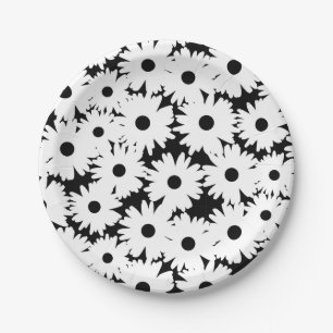 Negative Space Daisies weiß auf schwarz Pappteller