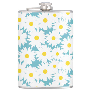 Negative Space Daisies weiß gelb auf blau Flachmann