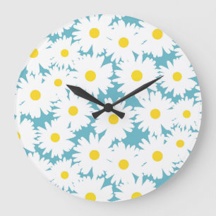 Negative Space Daisies weiß gelb auf blau Große Wanduhr