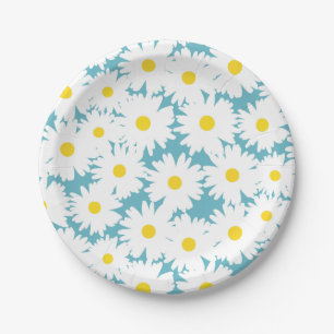Negative Space Daisies weiß gelb auf blau Pappteller