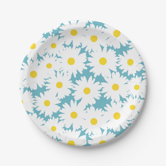 Negative Space Daisies weiß gelb auf blau Pappteller (Vorderseite)