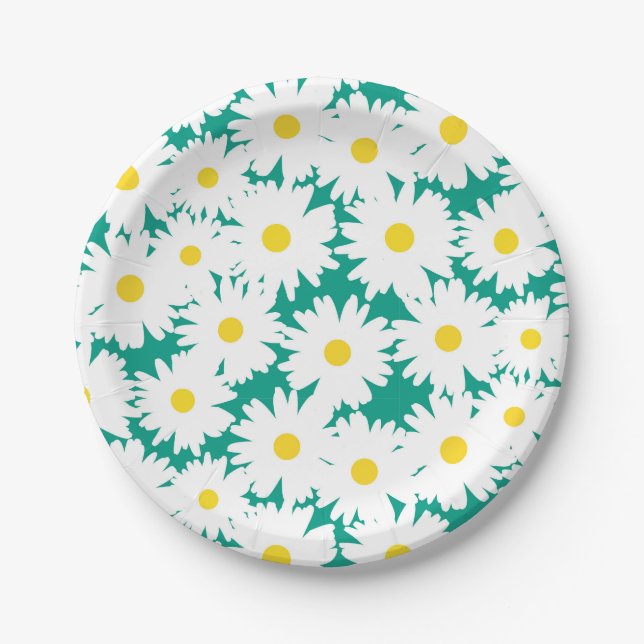 Negative Space Daisies weiß gelb auf grün Pappteller (Vorderseite)