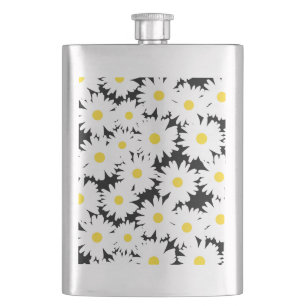 Negative Space Daisies weiß gelb auf schwarz Flachmann