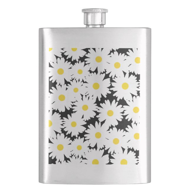 Negative Space Daisies weiß gelb auf schwarz Flachmann (Vorderseite)
