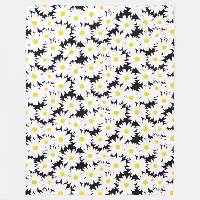 Negative Space Daisies weiß gelb auf schwarz Fleecedecke (Vorderseite)