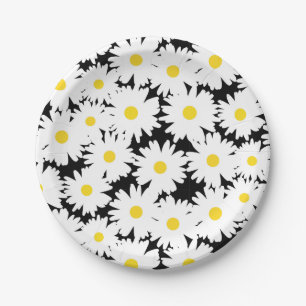 Negative Space Daisies weiß gelb auf schwarz Pappteller