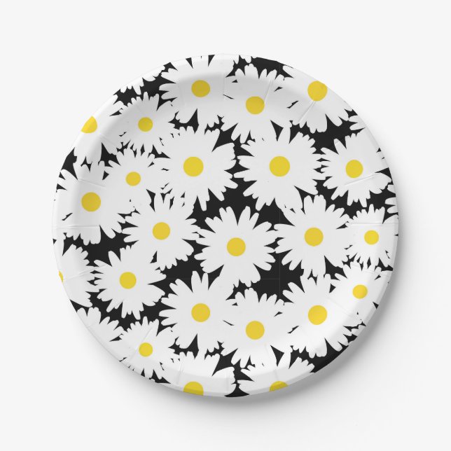 Negative Space Daisies weiß gelb auf schwarz Pappteller (Vorderseite)