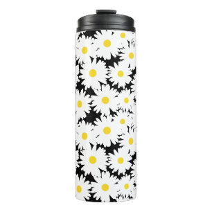 Negative Space Daisies weiß gelb auf schwarz Thermosbecher