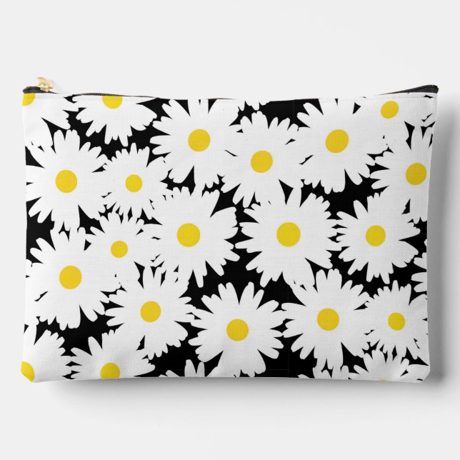 Negative Space Daisies weiß gelb auf schwarz Zubehörtasche (Vorderseite)