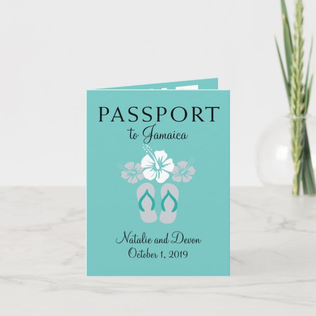 Negril Jamaica Aquamarin und Gray Wedding Passport Einladung (Vorderseite)