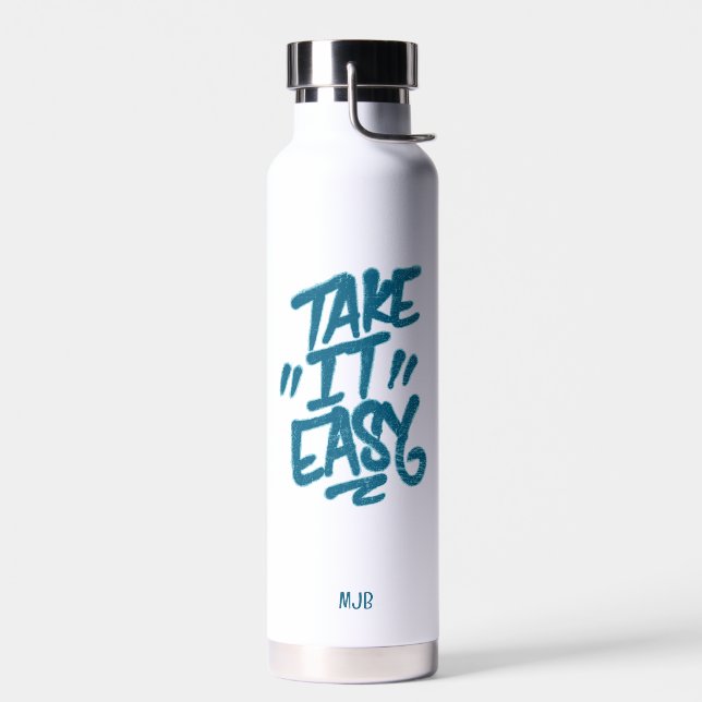 Nehmen Sie einfach blauer Text moderne, isolierte Trinkflasche (Links)
