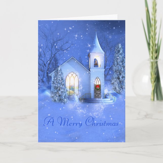Neige, église, carte de voeux de Noël (Devant)
