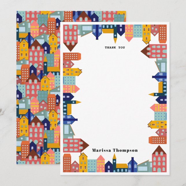 Neighborhood Block City Houses Pattern Dankeskarte (Vorne/Hinten)