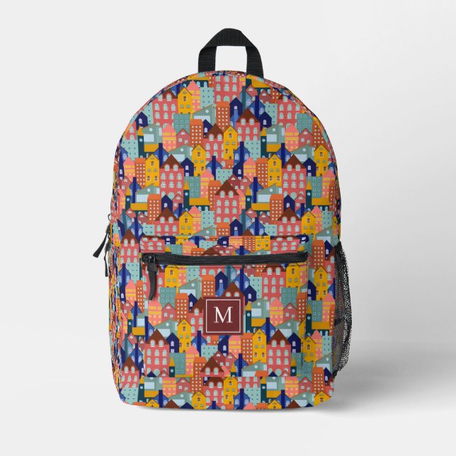 Neighborhood City Houses Pattern Bedruckter Rucksack (Vorderseite)