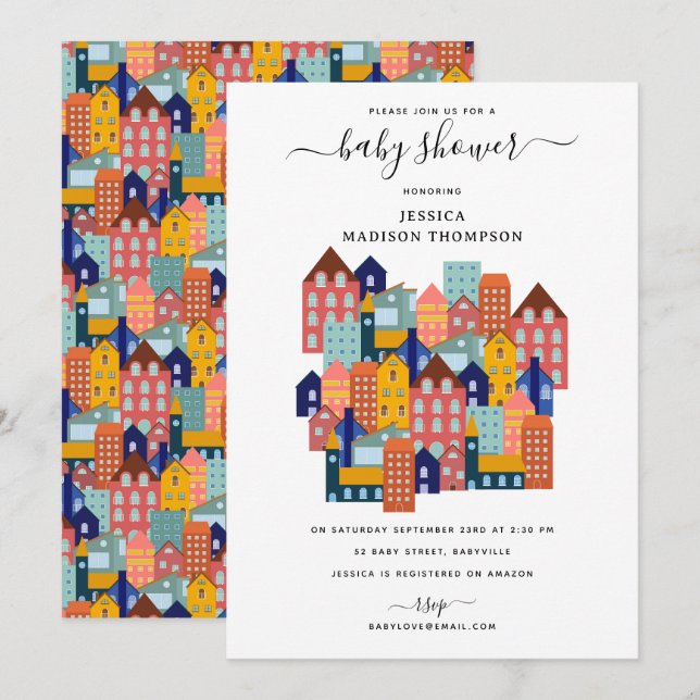 Neighborhood House Baby Shower Einladung (Vorne/Hinten)