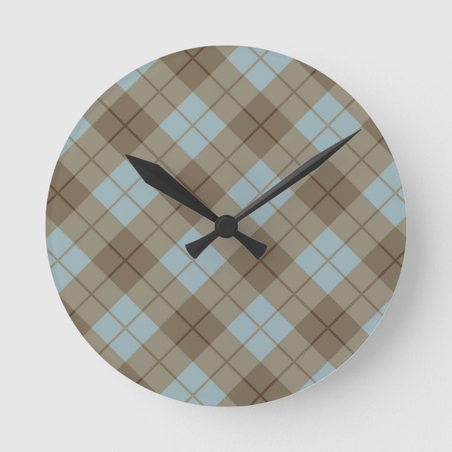 Neigung kariert im Blau und in Brown Runde Wanduhr (Vorderseite)