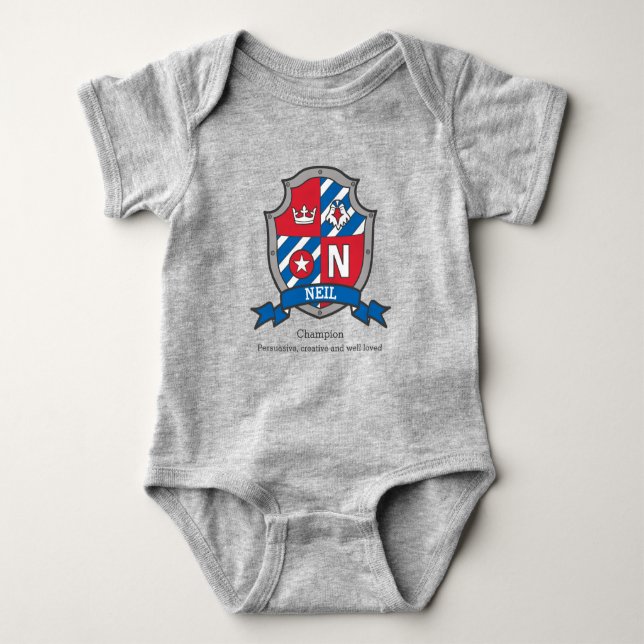 Neil Jungs Name & Bedeutung Vogelblau Wappen Baby Strampler (Vorderseite)