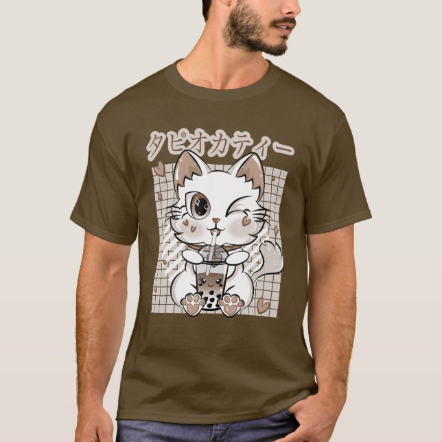 Neko Kitty Drinking Bubble Milk Tea Japanese Kawai T-Shirt (Vorderseite)