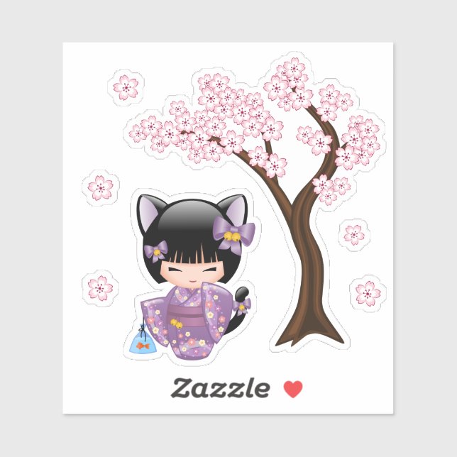 Neko Kokeshi Doll - Cat Ears Geisha Girl Aufkleber (Blatt)