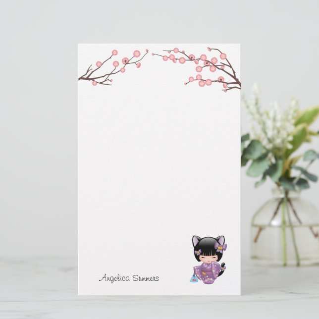 Neko Kokeshi Doll Cat Ears Geisha Girl Briefpapier (Stehend Vorderseite)