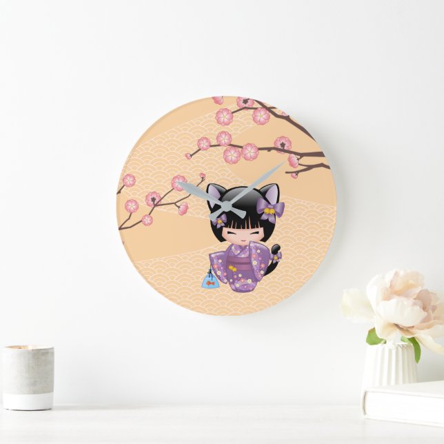 Neko Kokeshi Doll - Cat Ears Geisha Girl Große Wanduhr (Zuhause)