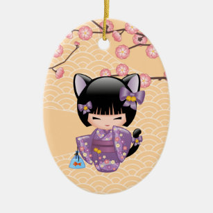Neko Kokeshi Doll - Cat Ears Geisha Girl Keramik Ornament
