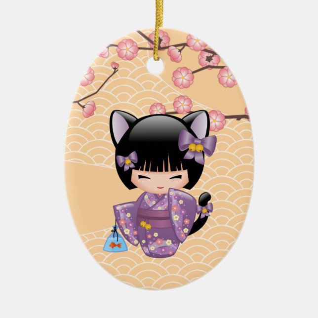 Neko Kokeshi Doll - Cat Ears Geisha Girl Keramik Ornament (Vorne)