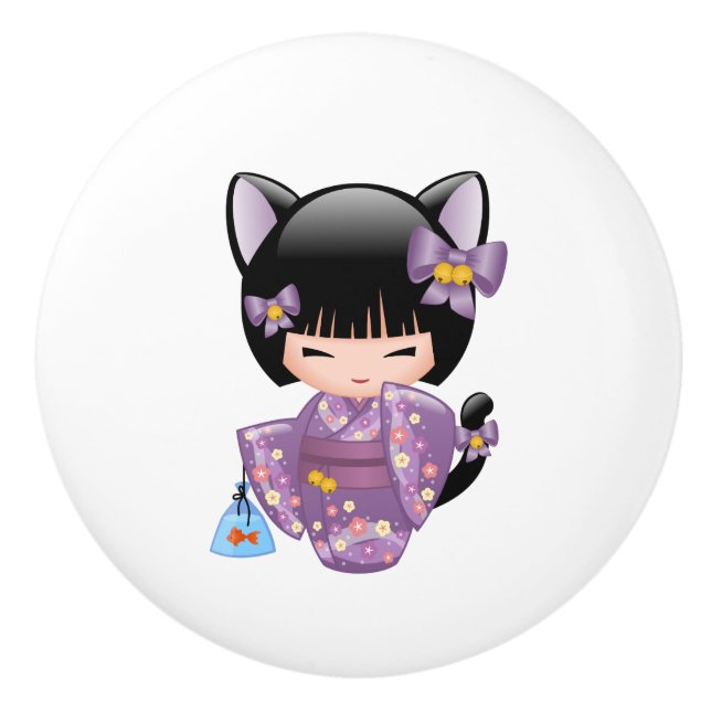 Neko Kokeshi Doll - Cat Ears Geisha Girl Keramikknauf (Vorderseite)