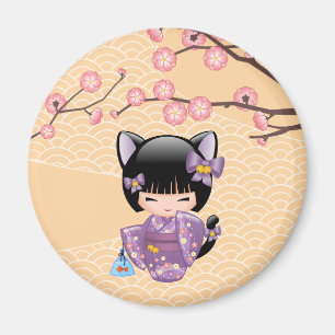 Neko Kokeshi Doll - Cat Ears Geisha Girl Magnet