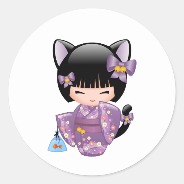 Neko Kokeshi Doll - Cat Ears Geisha Girl Runder Aufkleber (Vorderseite)