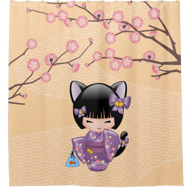 Neko Kokeshi Doll Cat Ears Geisha Girl Yellow Duschvorhang (Vorderseite)
