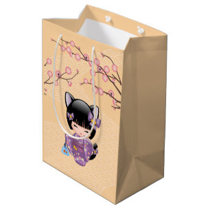 Neko Kokeshi Doll - Cat Ears Geisha Girl Yellow Mittlere Geschenktüte