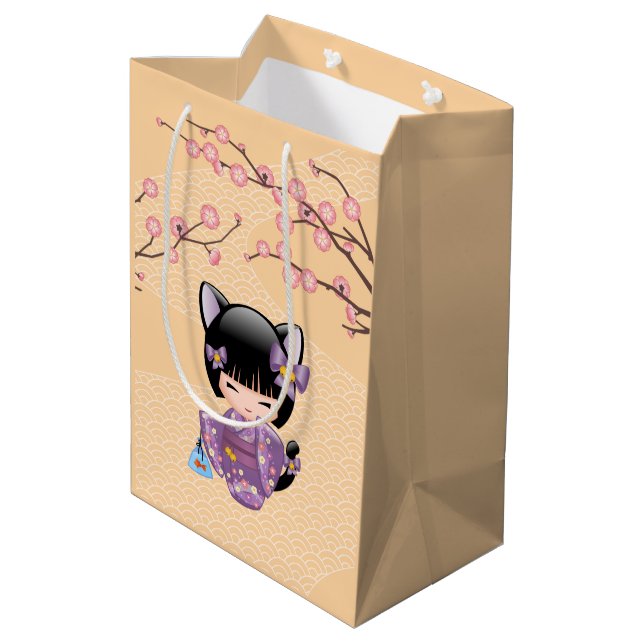 Neko Kokeshi Doll - Cat Ears Geisha Girl Yellow Mittlere Geschenktüte (Rückseite Schrägansicht)